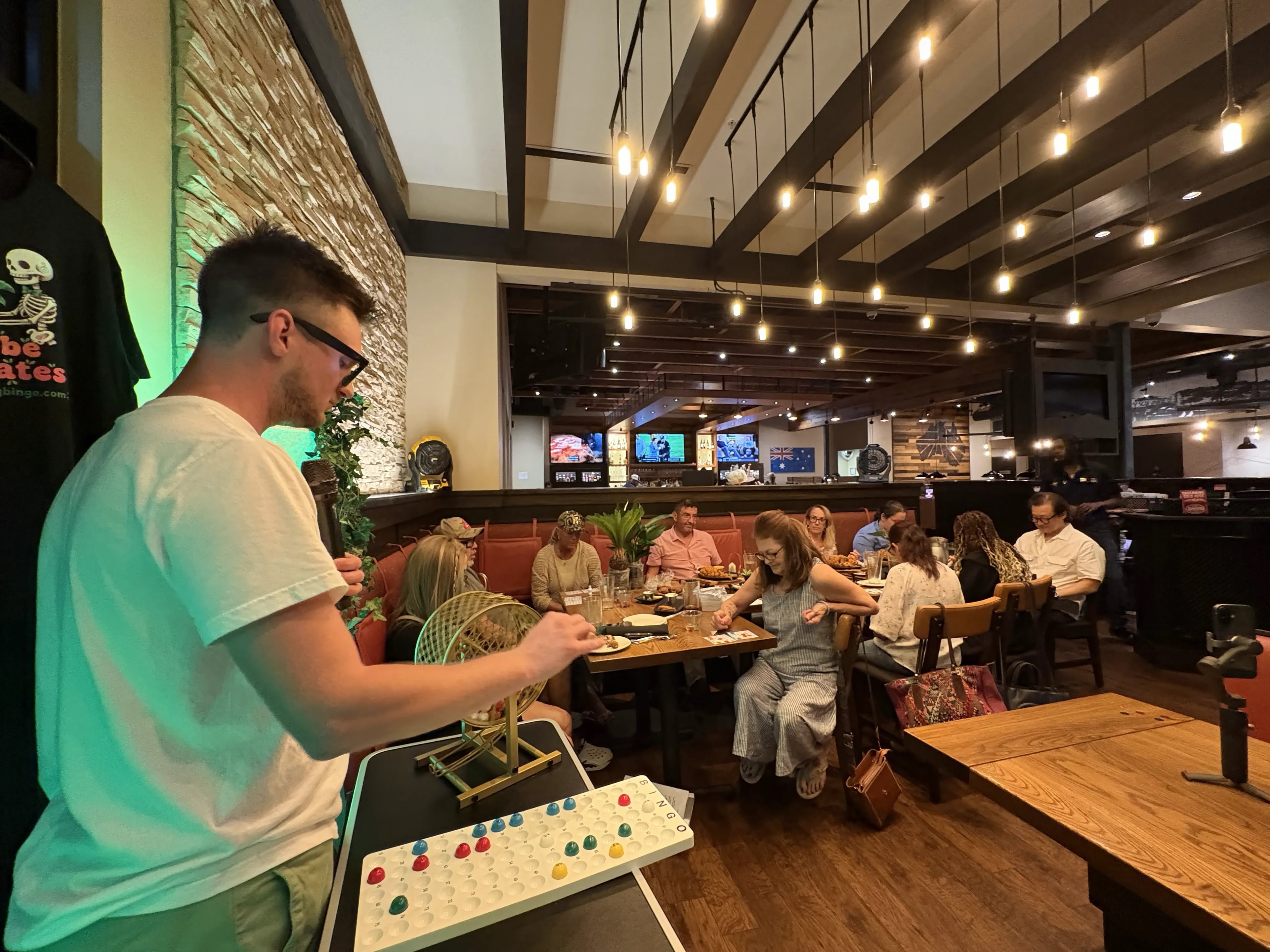 Host calling bingo numbers at Outback Steakhouse